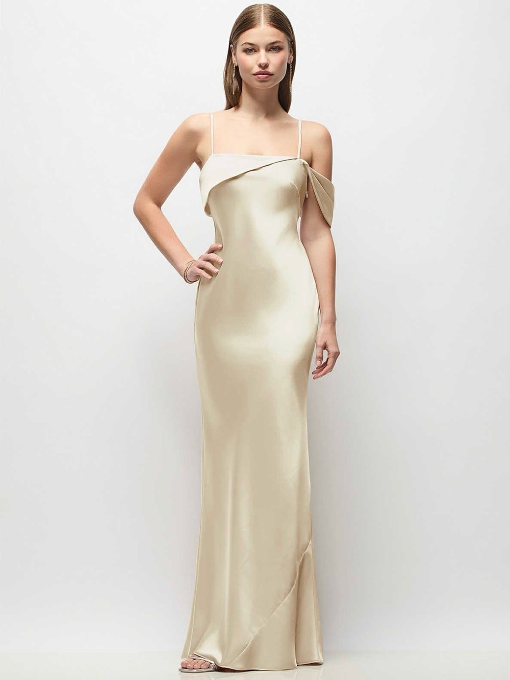 Dessy Thread Satin Slip Maxi Dress with Draped Shoulder